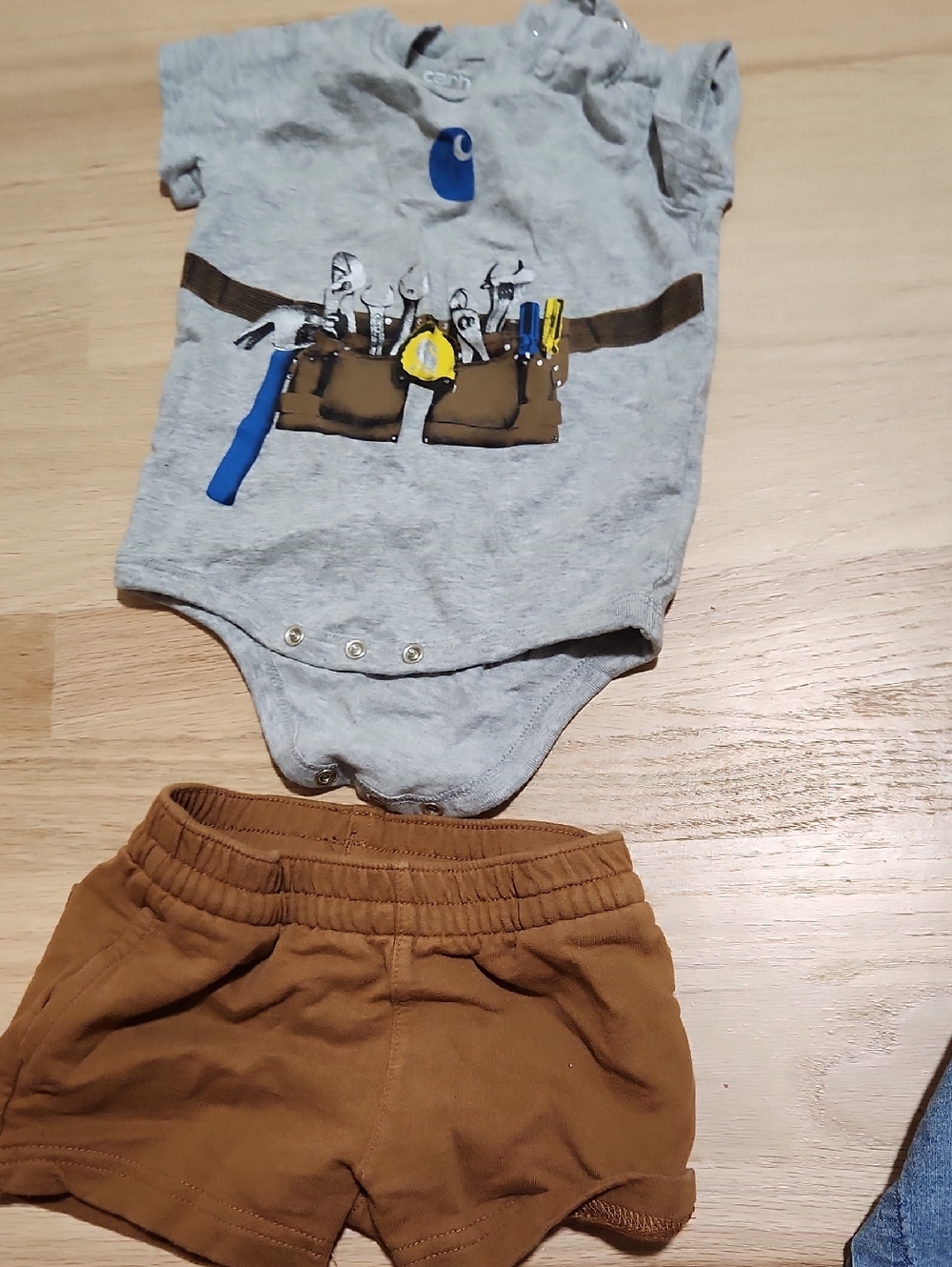Carhartt Gray Baby Onesie with Tool Belt Graphic & Brown Shorts 6m